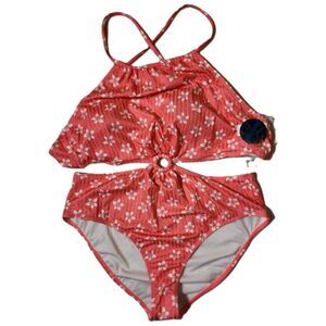 Decree Cutout One‑Piece Swimsuit XXL Coral Floral Adjustable Straps NWT